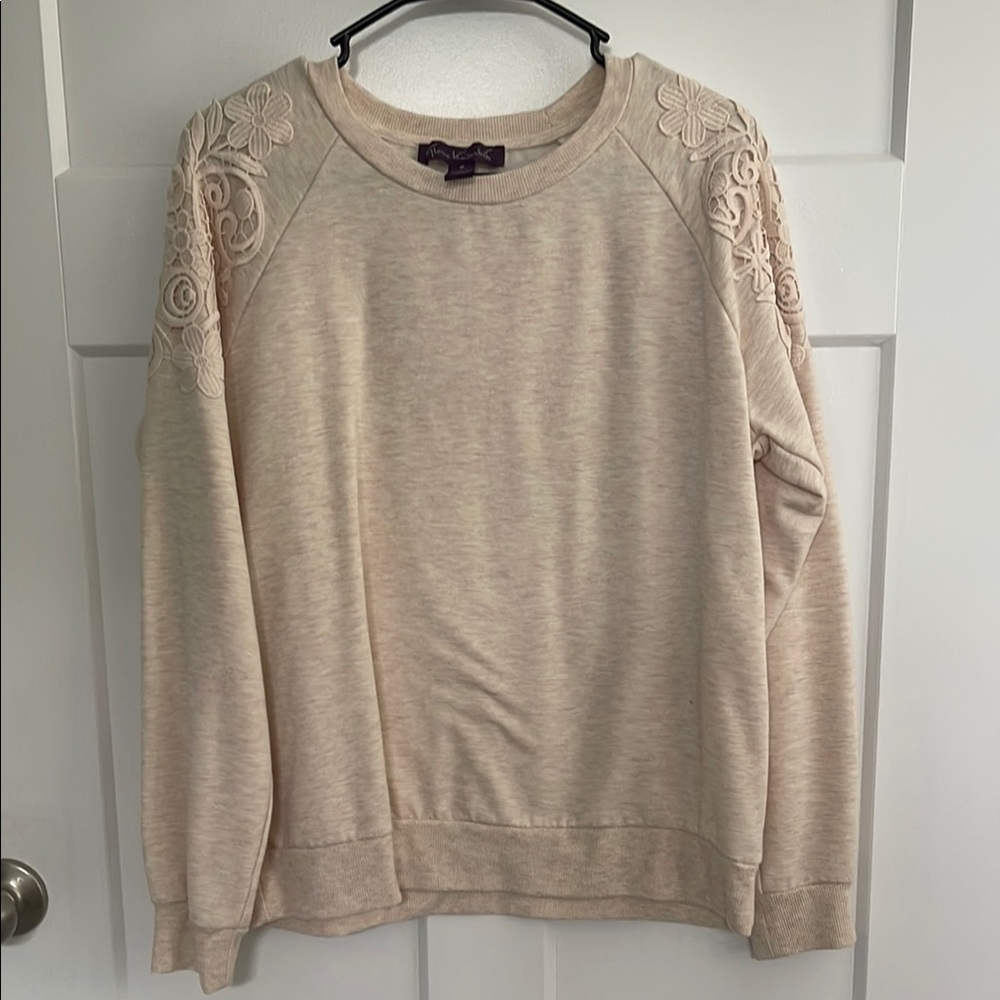 Gloria Vanderbilt Cream Crew Neck Sweater with Crochet Accents
